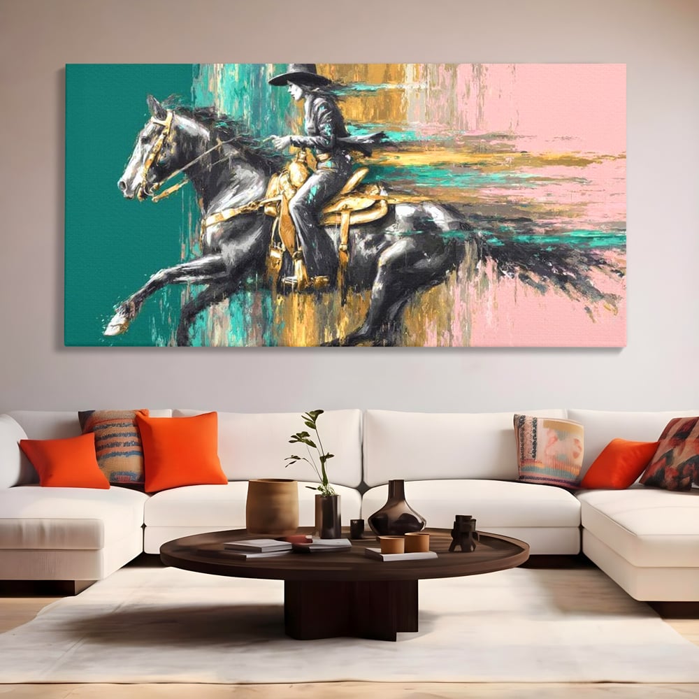 Tablou canvas cu pictura cu femeie calare pe armasar, fara rama, pe sasiu de lemn, pe perete intr-un living